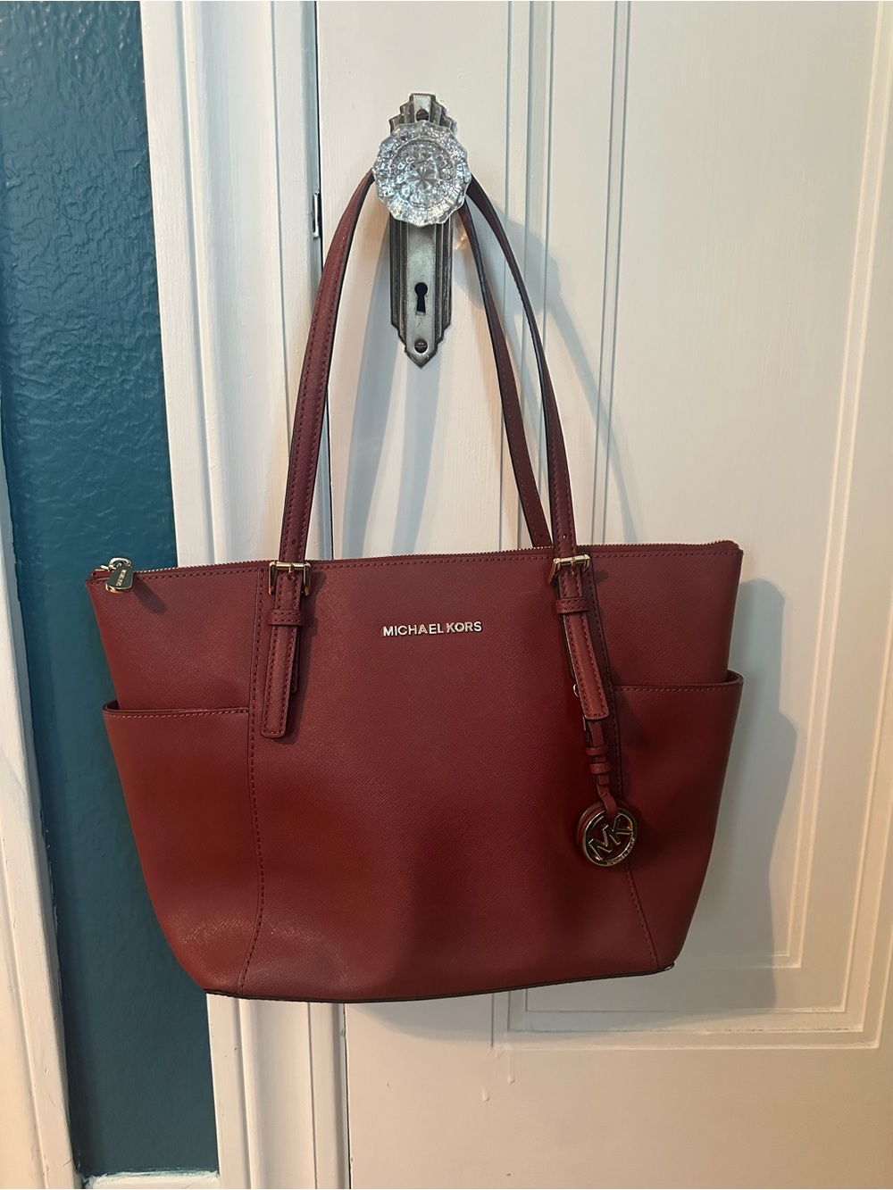 Michael Kors Burgundy Leather Tote with Gold-Tone MK Charm
